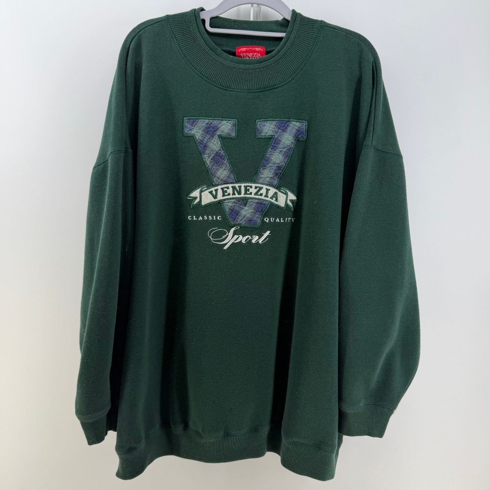 Venezia Jeans Sweatshirt Women 26/28 Green Plaid V Sport Graphic Oversized Retro